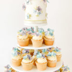 Special event cupcake tower with vanilla cupcakes, buttercream, and handmade sugar hydrangeas