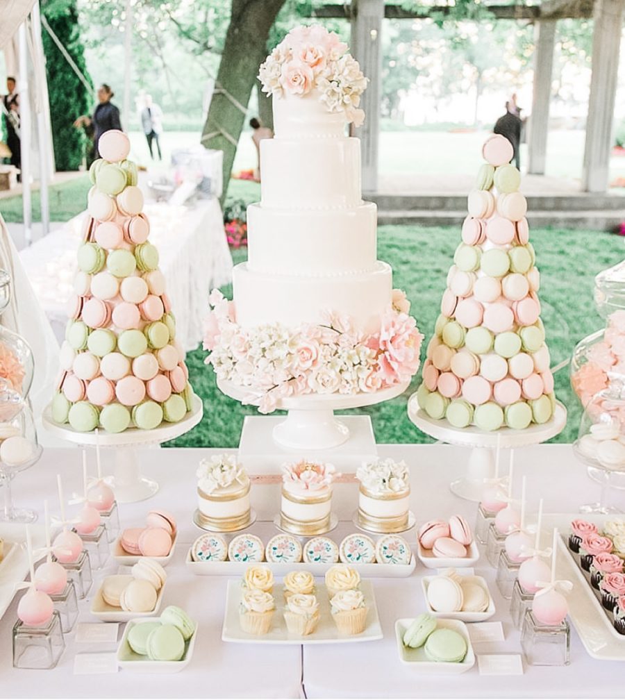 English Garden Wedding Cake and Sweets table
